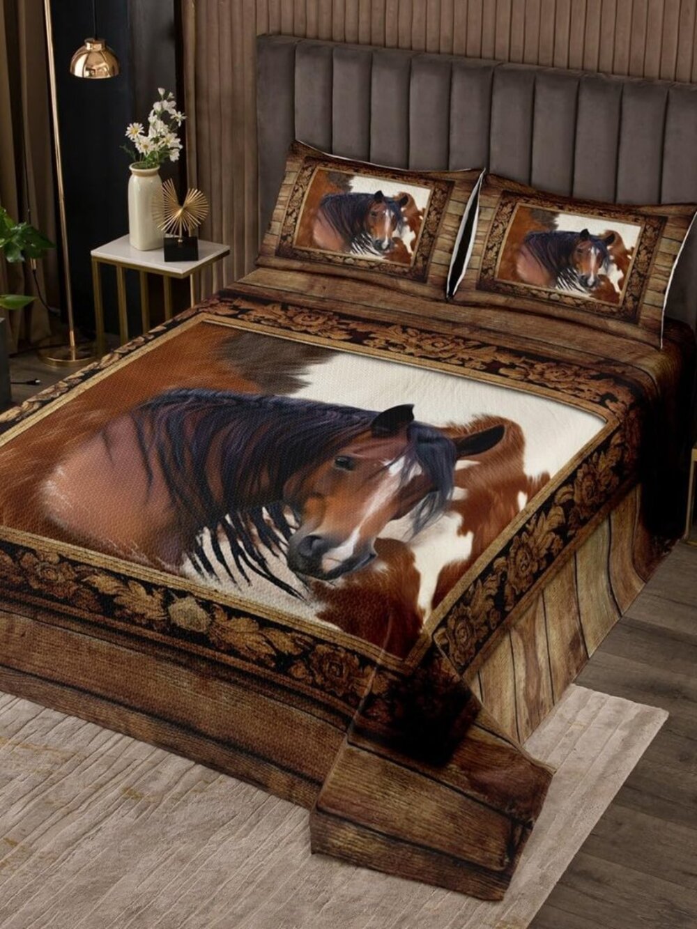 Horse Bedspread King Size Brown Cowhide Bedding Set Rustic Farmhouse Comforter